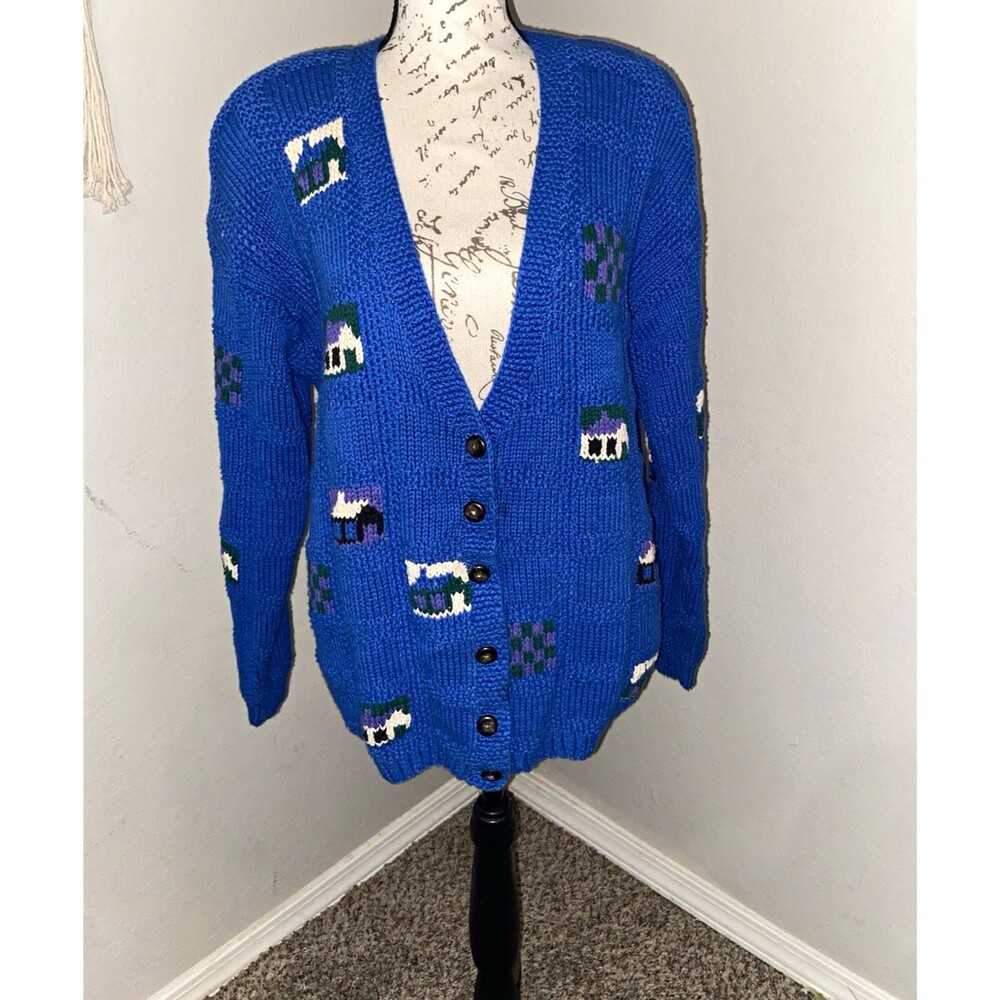 Segrets Sun Prints Hand Knitted 80s VTG Granny Core 100% Cotton Blue Cardigan